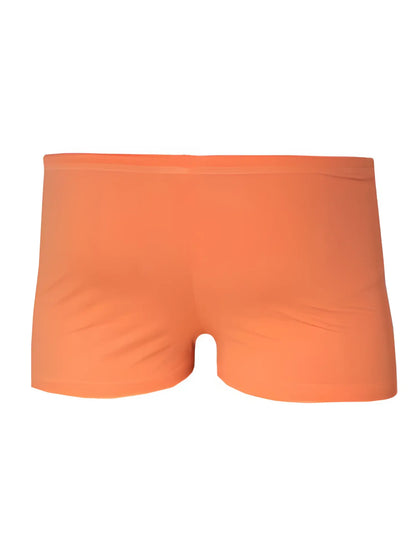A pair of solid orange pride square trunk briefs with smooth stretchy fabric and a minimalist design