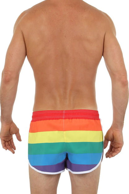 Pride swim short in rainbow-striped swim trunks with white trim designed for vibrant beachwear