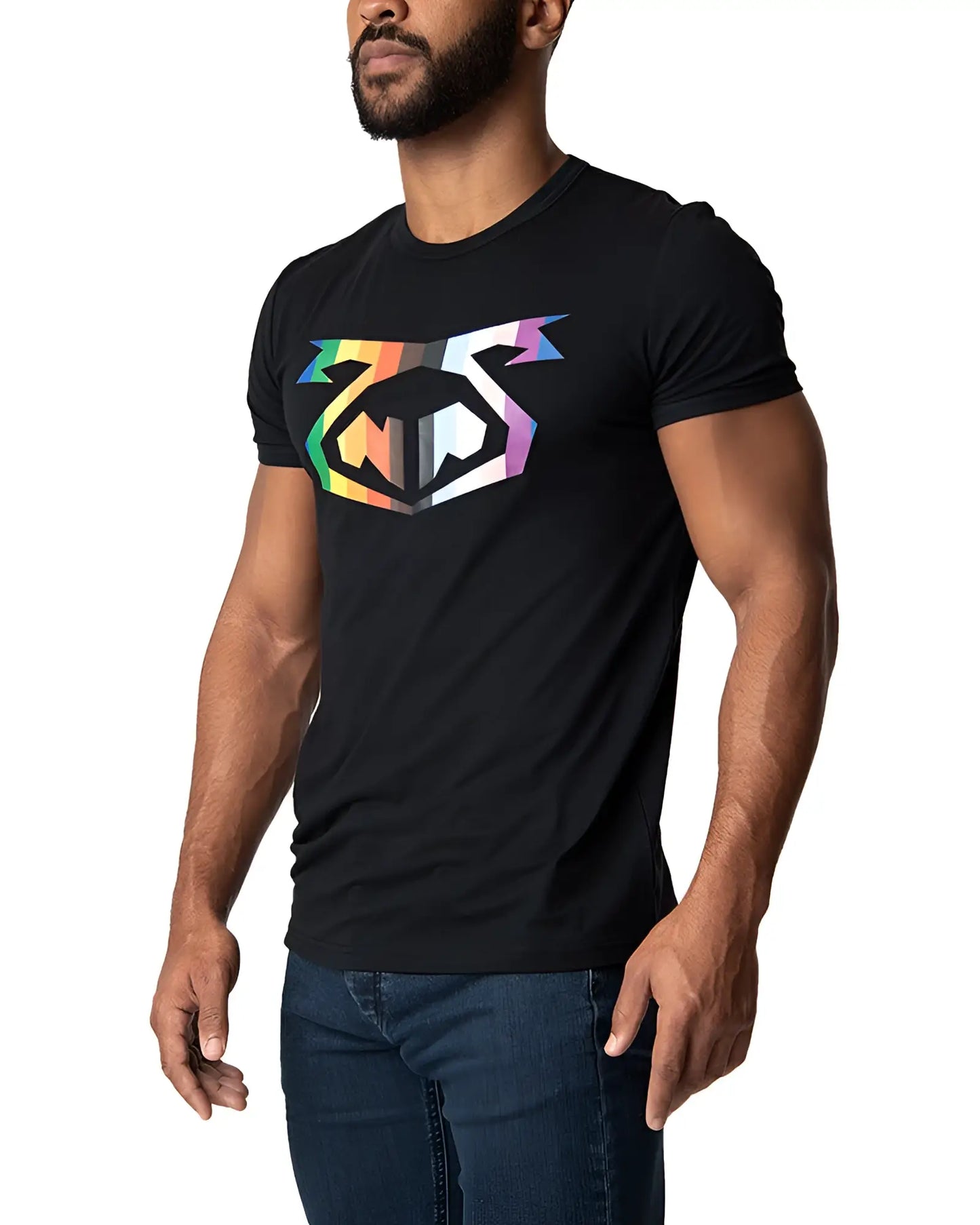 Black short-sleeved pride tee 2.0 with bold geometric logo and rainbow-colored accents on soft cotton fabric