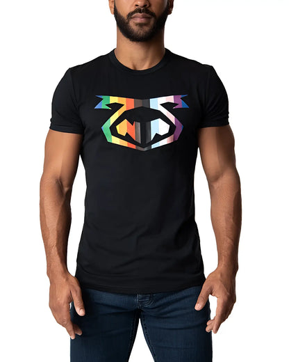 Black short-sleeved pride tee 2.0 featuring bold geometric logo with rainbow-colored stripes on the front