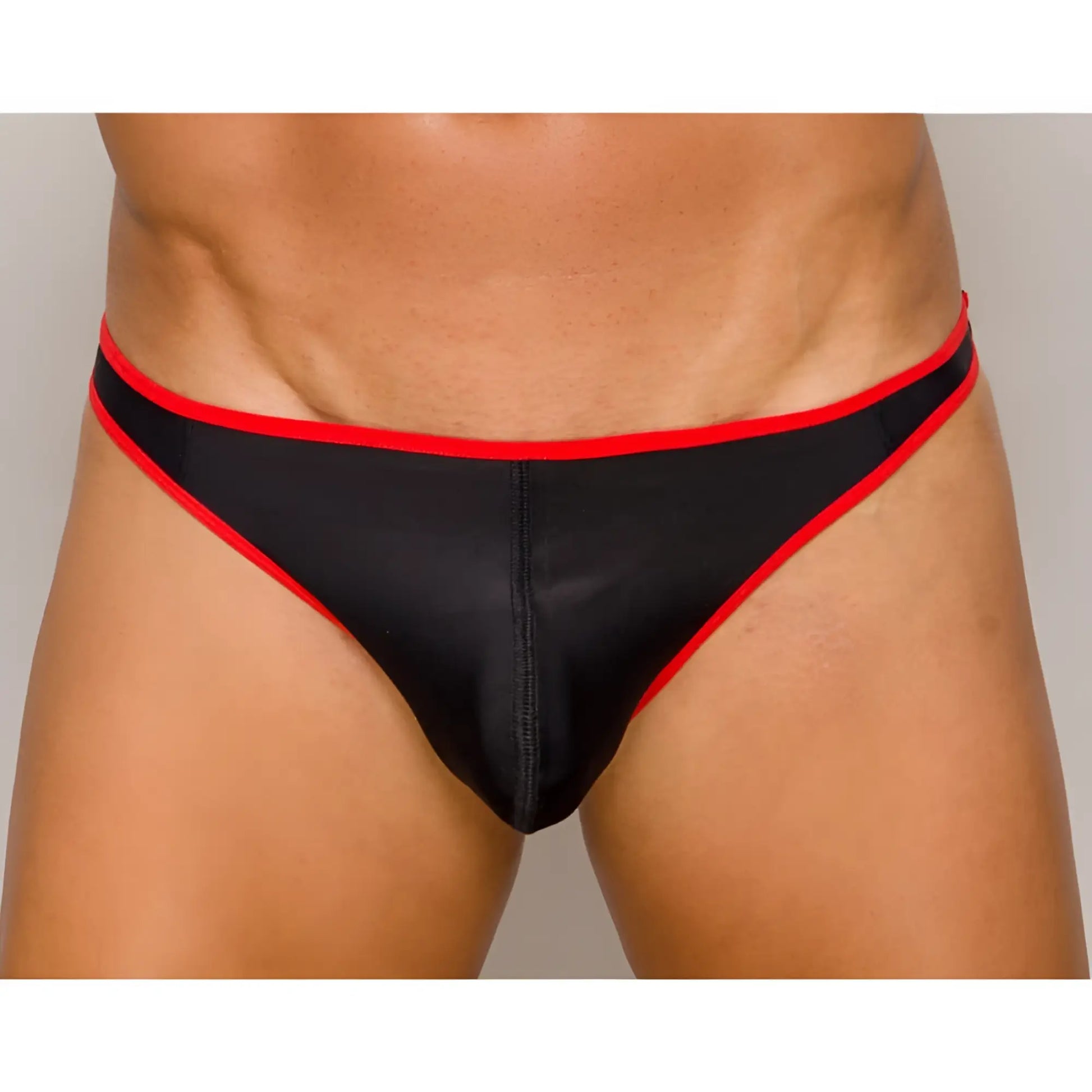 Black and red pride ultra stretch amplify thong with sleek shiny fabric finish shown from the back side