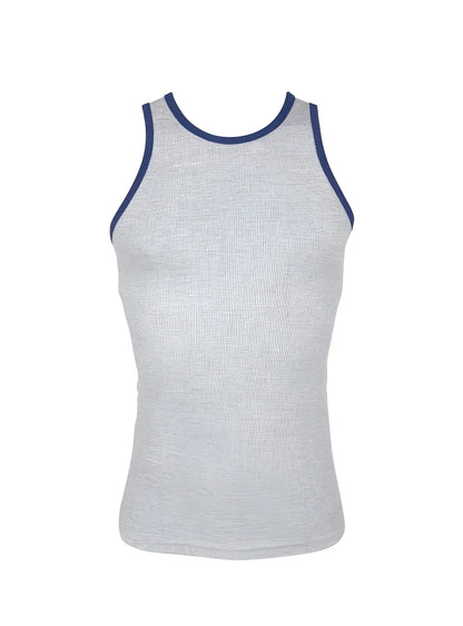Gray ribbed cotton tank top with navy blue trim around neckline and armholes pride usa style