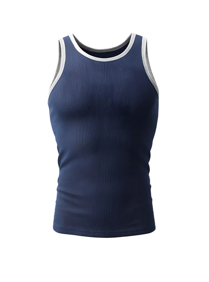 Navy blue ribbed cotton tank top with white and gray trim from pride USA for casual summer wear