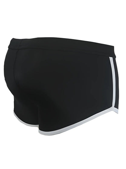 Black pride vince trunk athletic shorts with white side stripes and matching white hem trim designed for active use