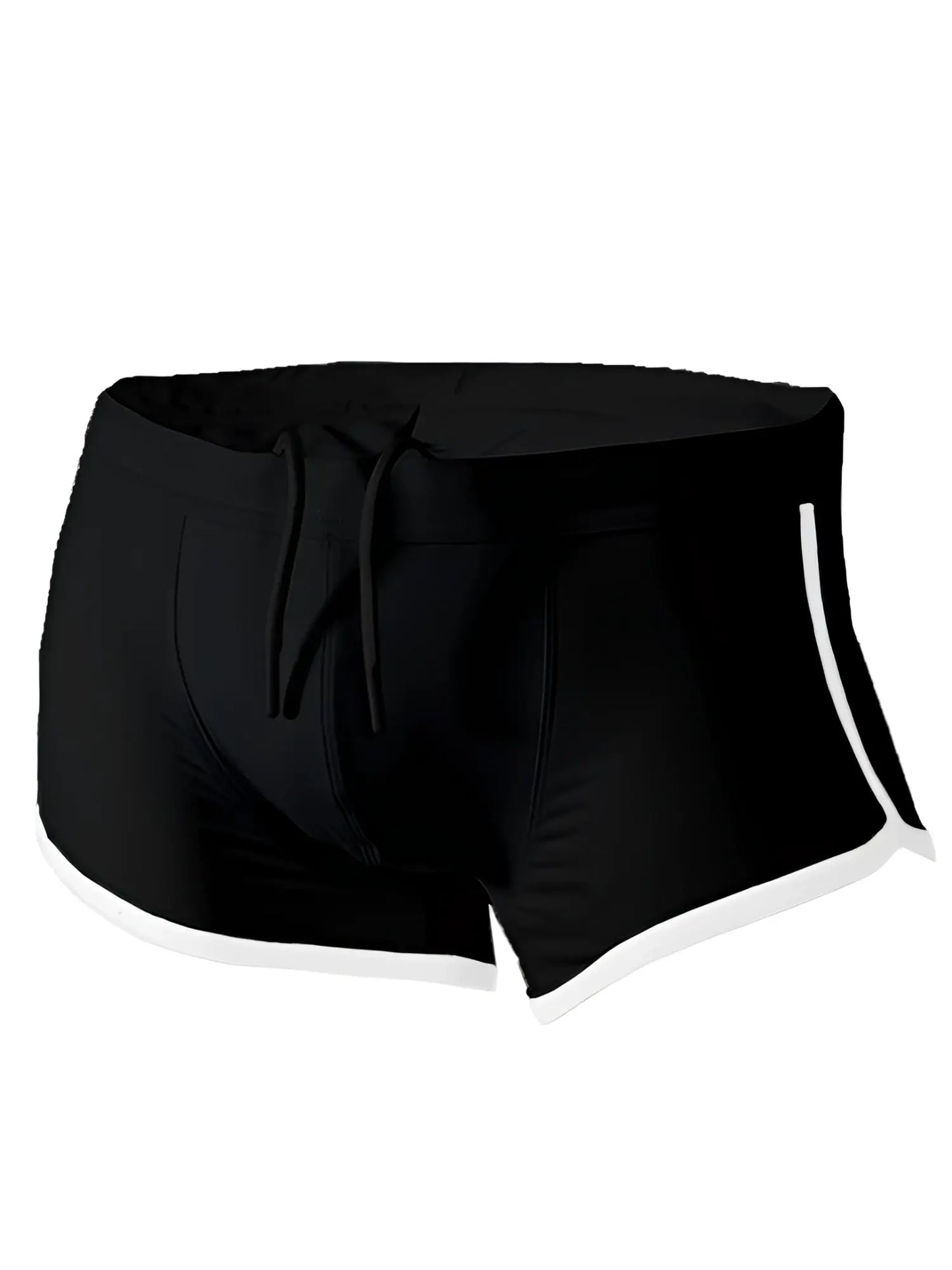 Black pride vince trunk swim trunks with white side stripes and drawstring waistband designed for swimming