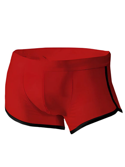 Red men’s boxer briefs pride vince trunk with black trim along waistband and leg openings for comfortable wear