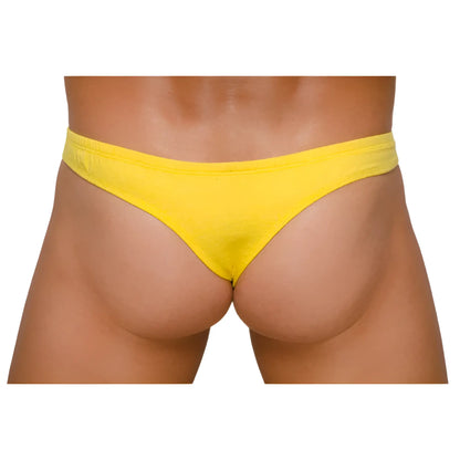 Bright yellow Pride Zip It thong made of smooth stretchy fabric showing front side