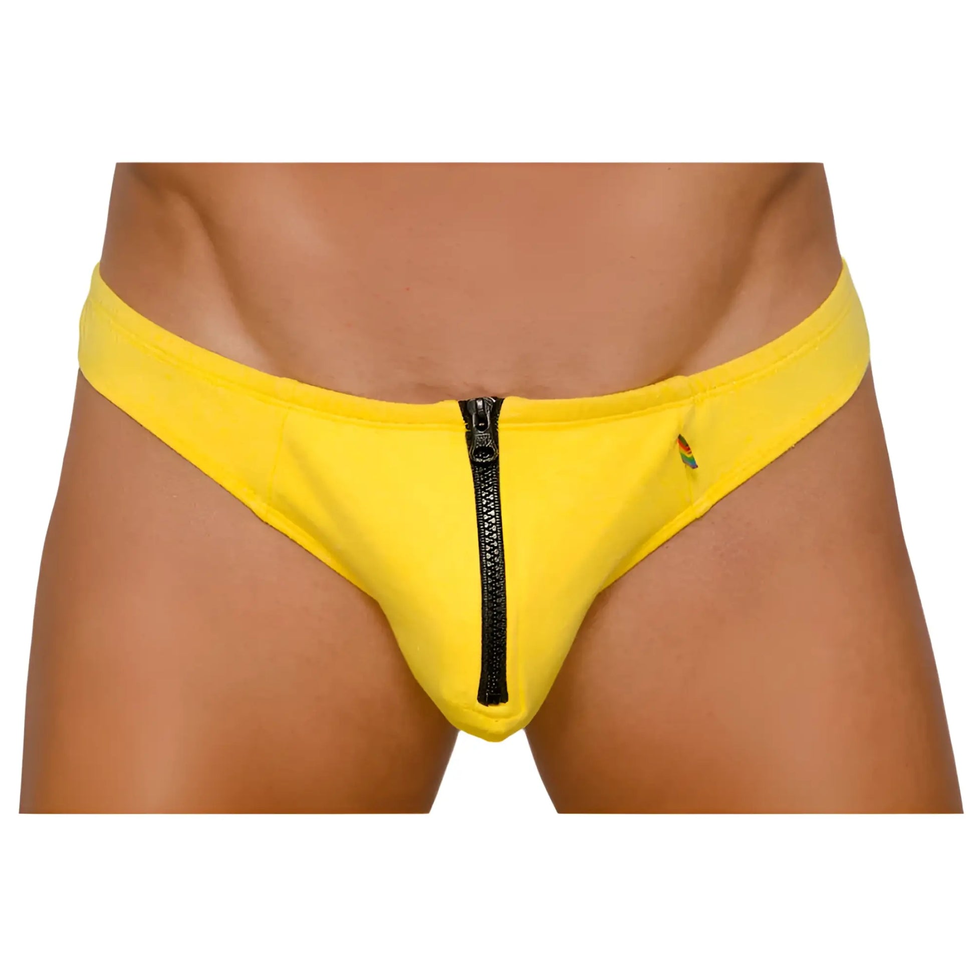 Bright yellow pride zip it thong men’s swim trunks with black center zipper designed for comfortable beachwear