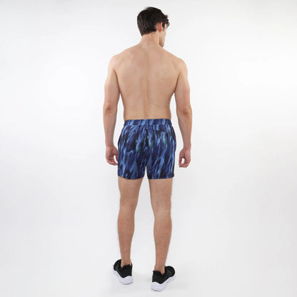 Printed mesh stretch performance shorts in blue with abstract pattern and fitted waistband for athletic use