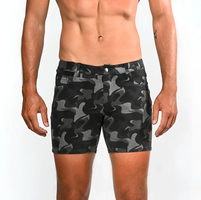 Printed stretch knit short featuring black and gray camouflage denim material for casual wear