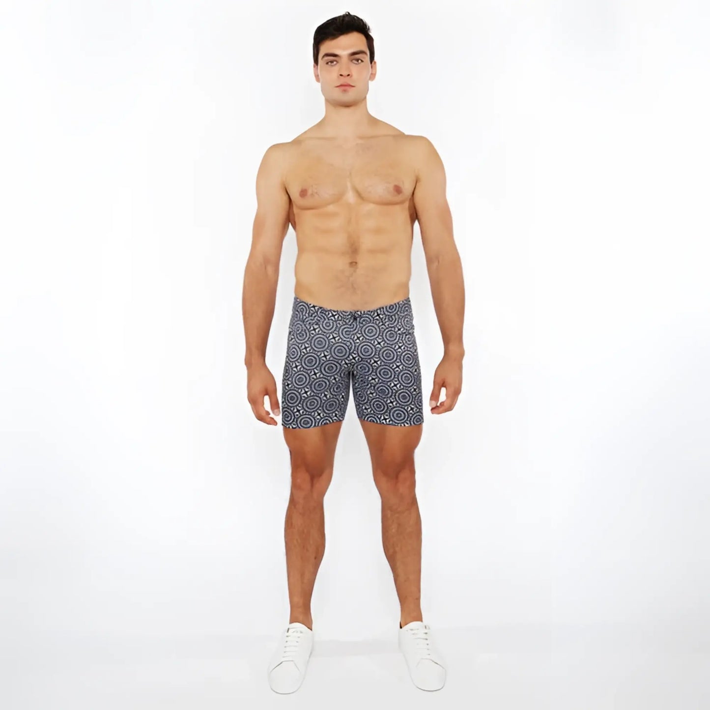 Men’s navy blue printed stretch knit boxer shorts with white circular geometric pattern for comfortable wear