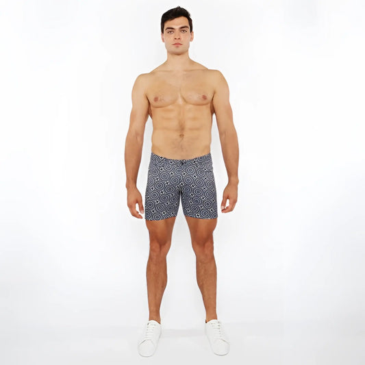 Men’s navy blue printed stretch knit boxer shorts with white circular geometric pattern for comfortable wear
