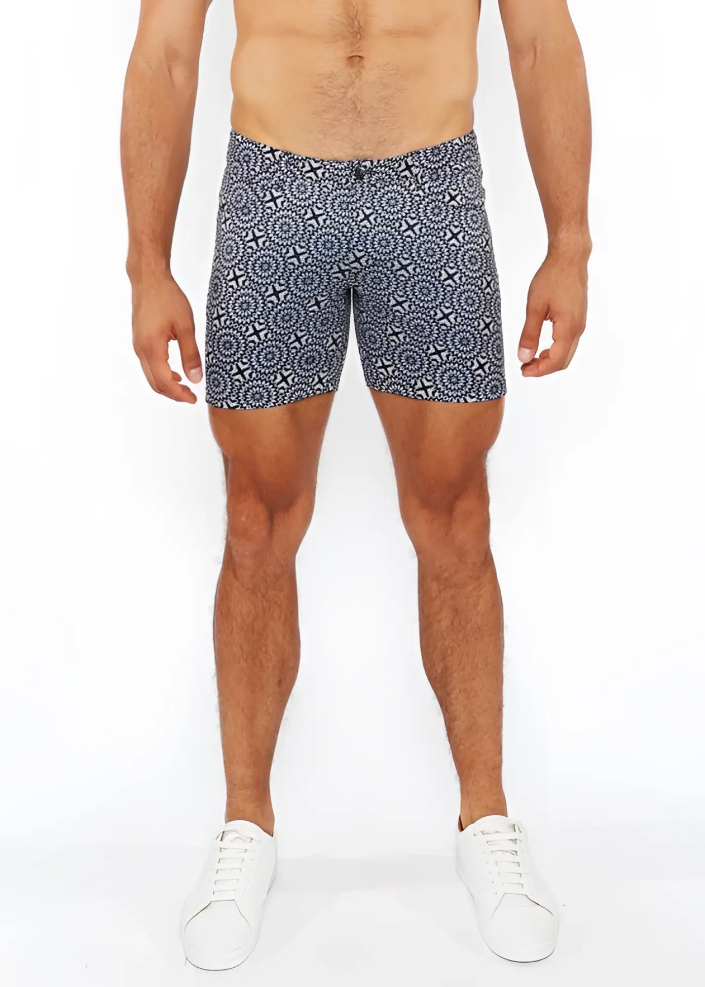 Printed stretch knit short in navy blue with white geometric pattern made from stretchy knit fabric for men