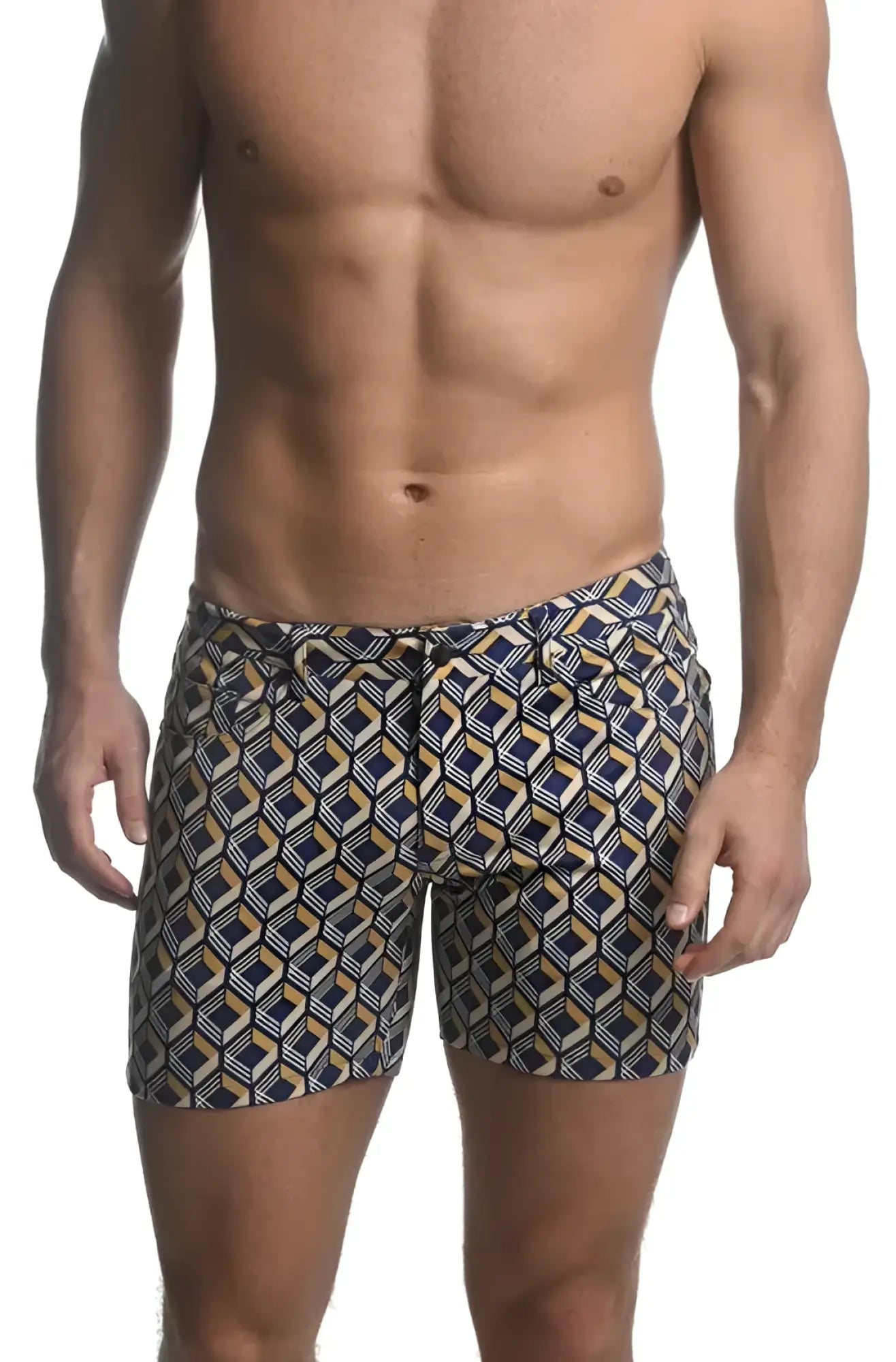 Men’s navy and gold geometric pattern printed stretch knit swim trunks for comfortable beachwear