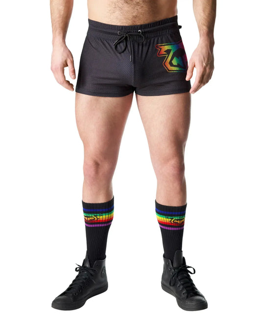 Black mesh prism pride trunk short with a rainbow-colored logo on the left leg for athletic use