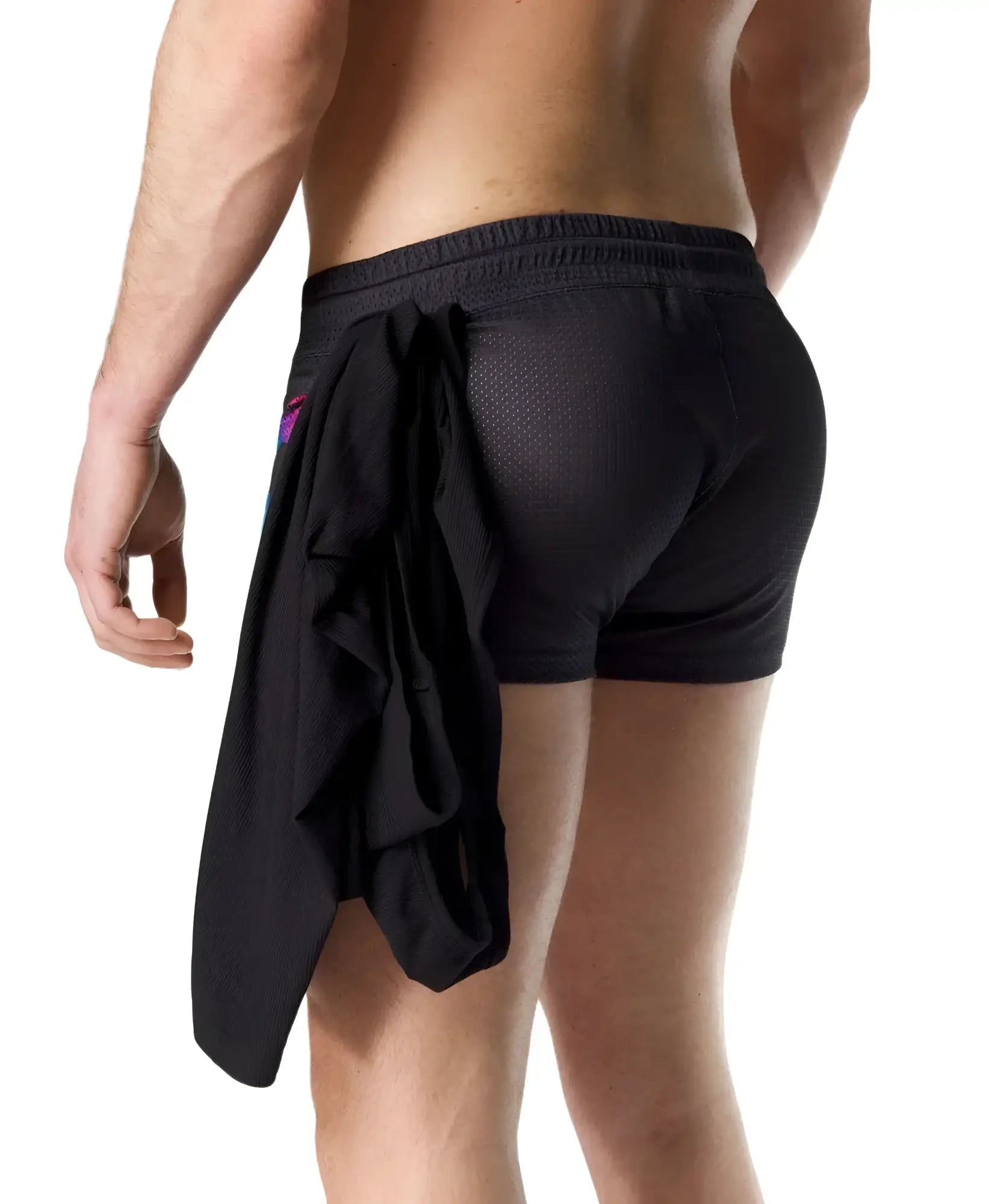 Black mesh prism pride trunk short with drawstring waistband and attached fabric panel tied at the back view