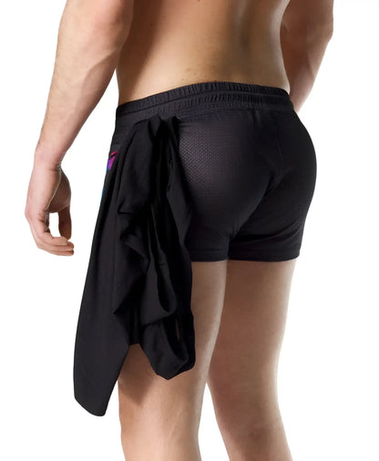 Black mesh prism pride trunk short with drawstring waistband and attached fabric panel tied at the back view