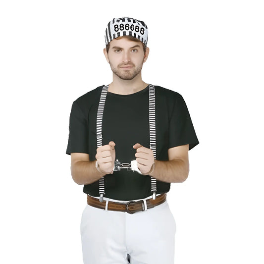 Black and white striped prison-style cap with number 886688 printed in black for prisoner dress-up kit