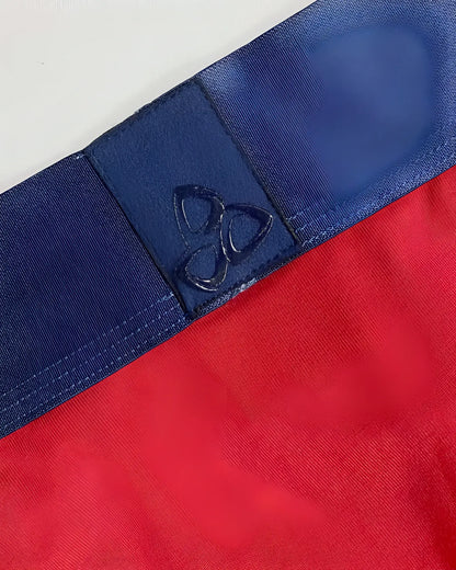 Blue elastic waistband with stitched logo patch on red falcon private structure baut4388 athlete mini briefs