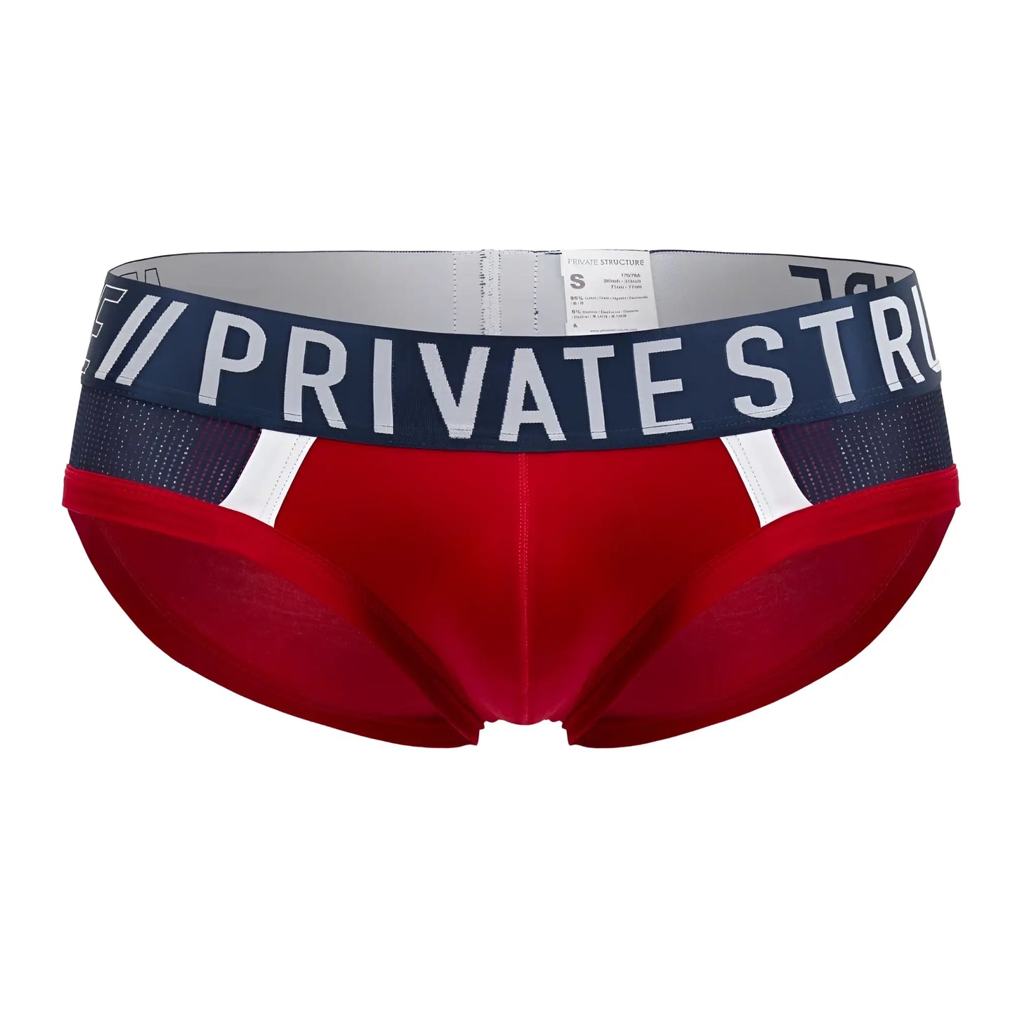 Red private structure baut4388 athlete mini briefs with navy waistband, white lettering, and mesh detailing