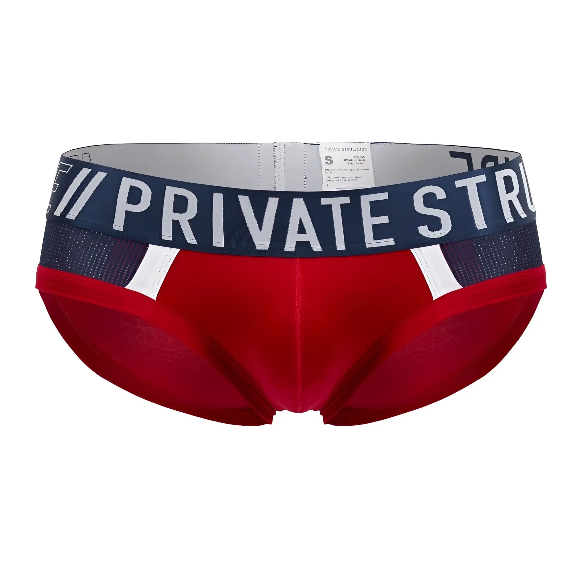 Red private structure baut4388 athlete mini briefs with navy waistband, white lettering, and mesh detailing