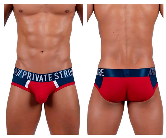 Red falcon athletic briefs by Private Structure with navy blue and white trim and branded waistband for active use
