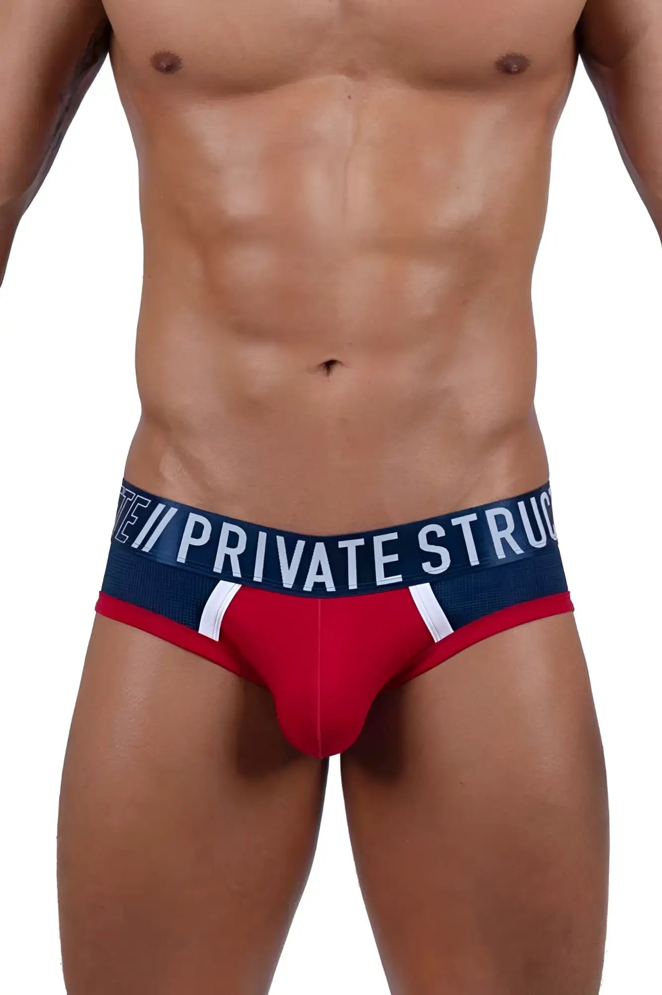 Red and navy blue private structure athlete mini briefs with white stripes and branded waistband in red falcon color