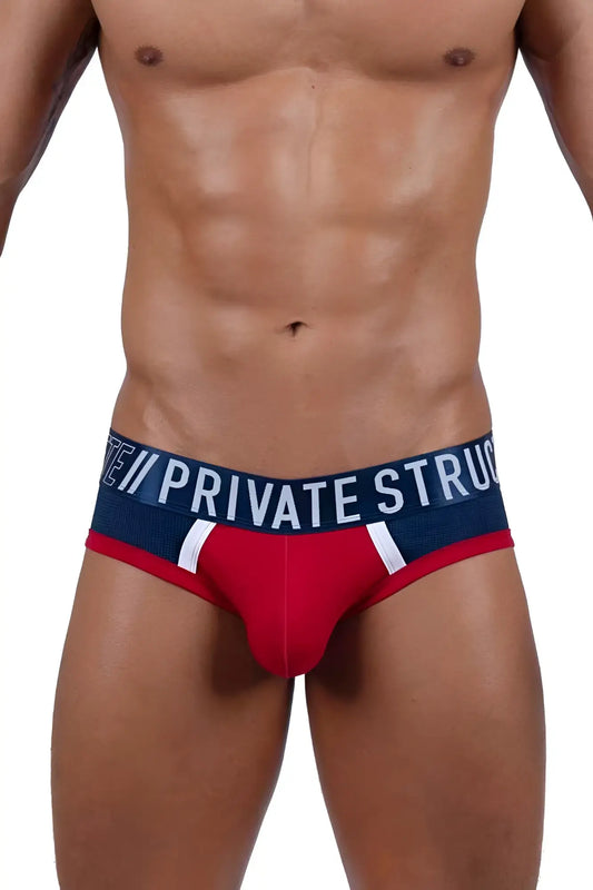 Red and navy blue private structure athlete mini briefs with white stripes and branded waistband in red falcon color
