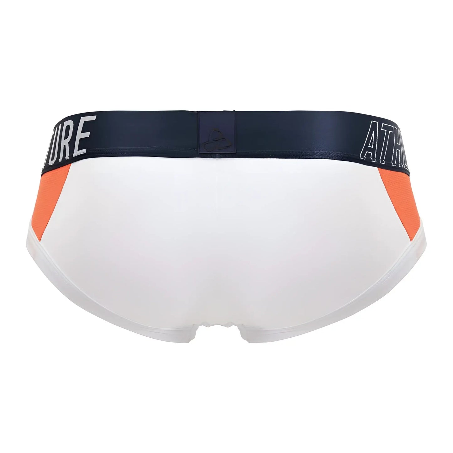 White private structure athlete mini briefs with orange side panels and navy waistband with white lettering