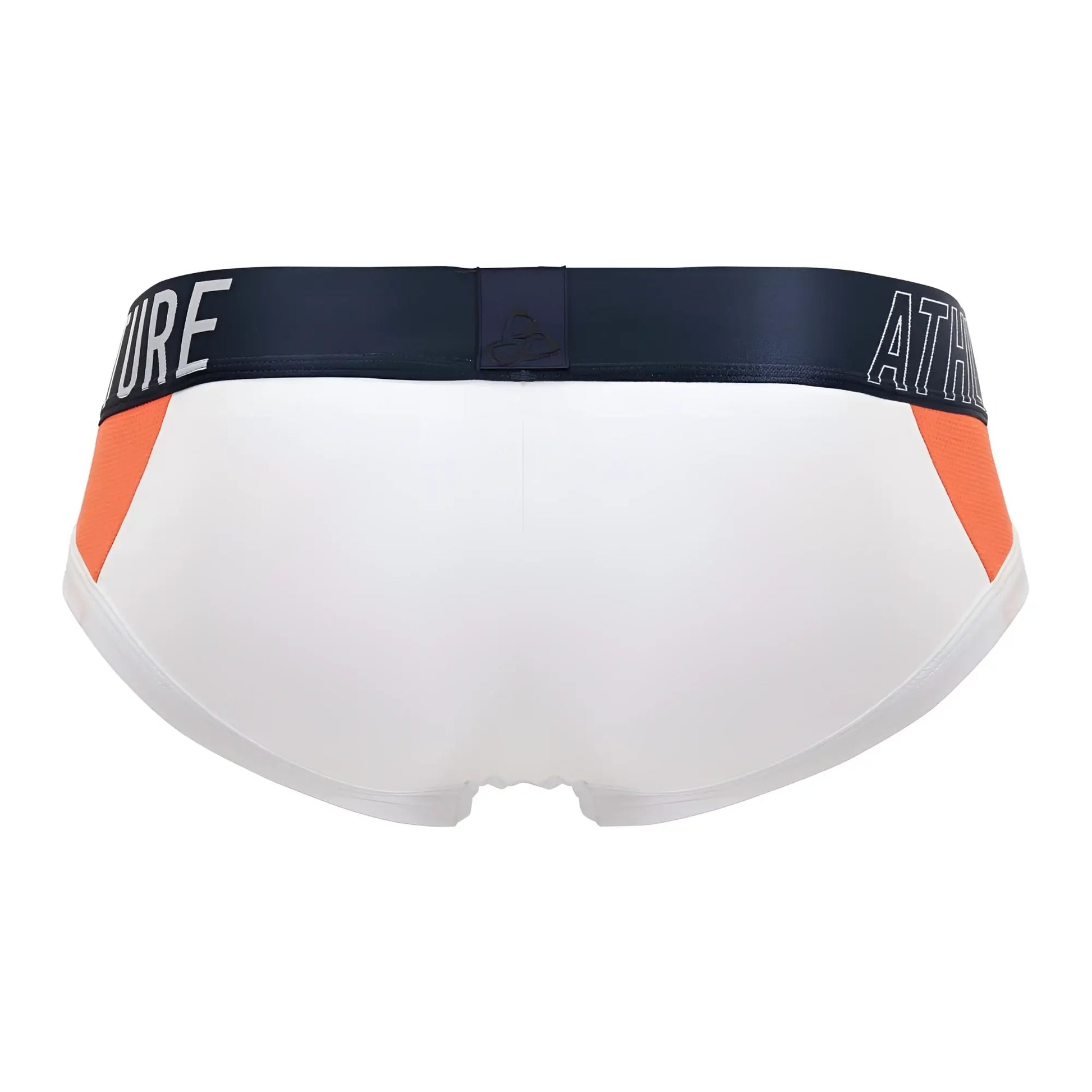 White private structure athlete mini briefs with orange side panels and navy waistband with white lettering