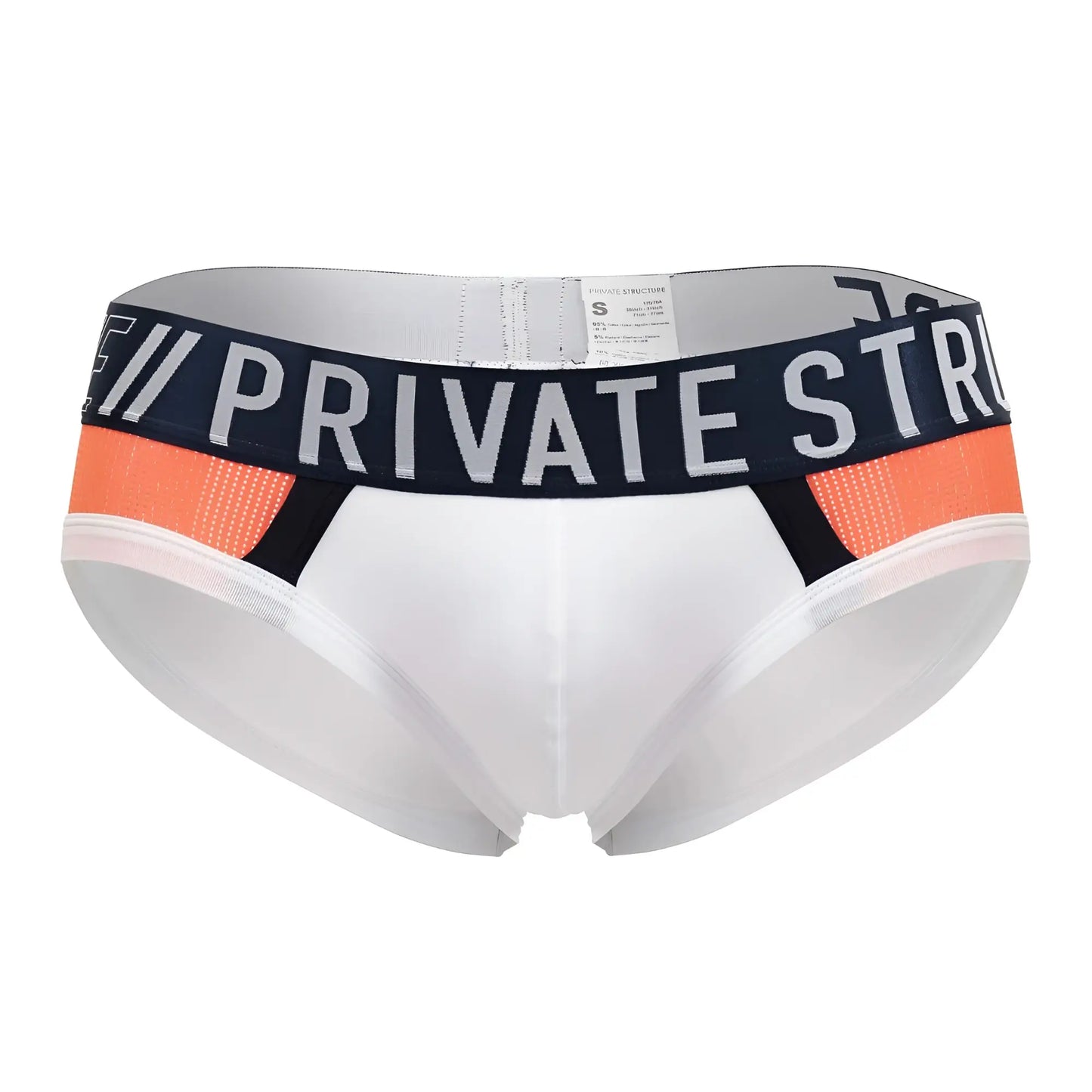 White private structure athlete mini briefs with navy waistband private str lettering and orange mesh accents