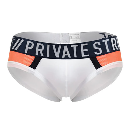 White private structure athlete mini briefs with navy waistband private str lettering and orange mesh accents