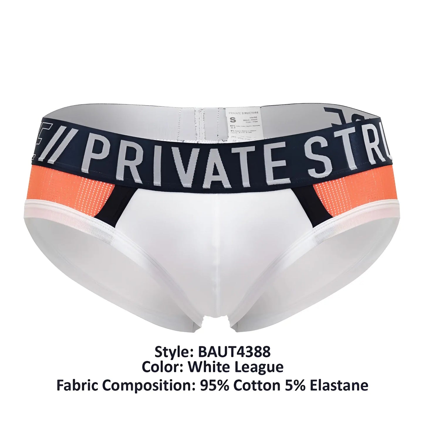 White league private structure baut4388 athlete mini briefs with navy waistband white lettering and orange mesh accents
