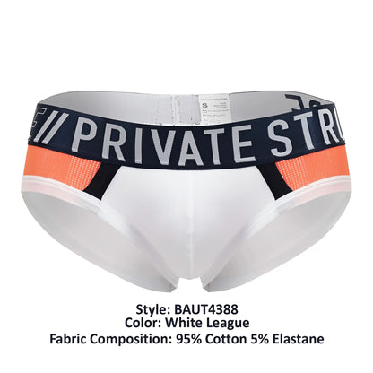 White league private structure baut4388 athlete mini briefs with navy waistband white lettering and orange mesh accents