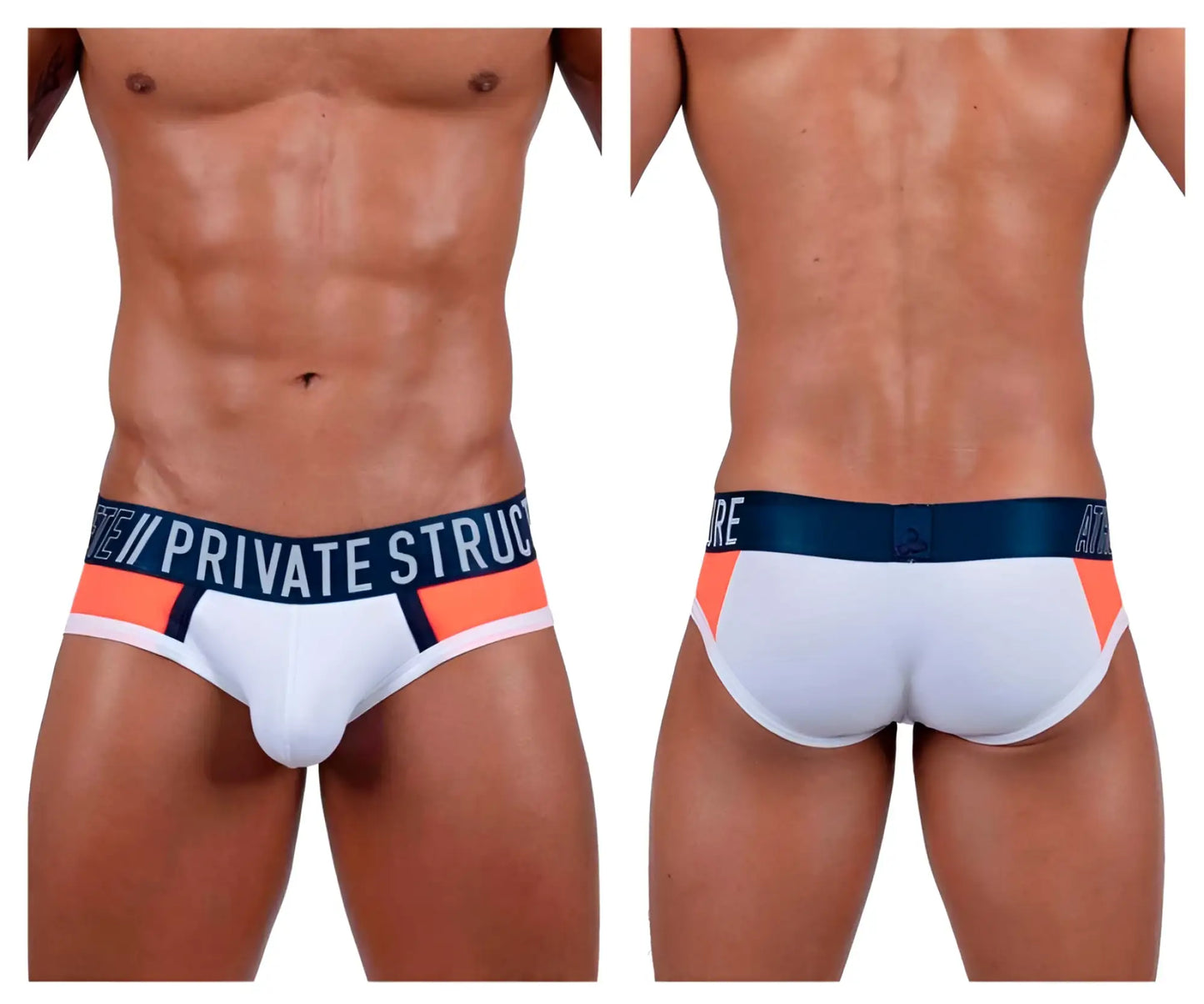 White private structure baut4388 athlete mini briefs with navy waistband logo and orange black trim in league color