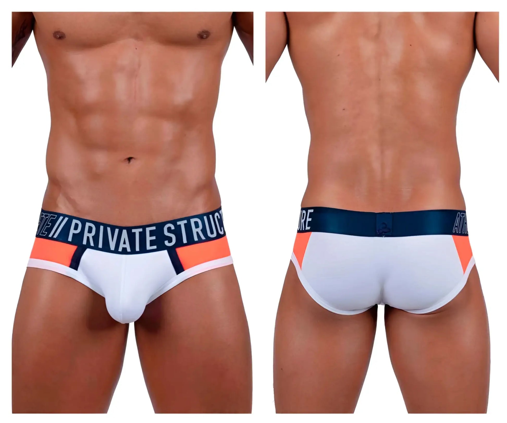 White private structure baut4388 athlete mini briefs with navy waistband logo and orange black trim in league color