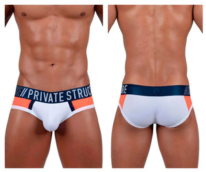 White private structure baut4388 athlete mini briefs with navy waistband logo and orange black trim in league color