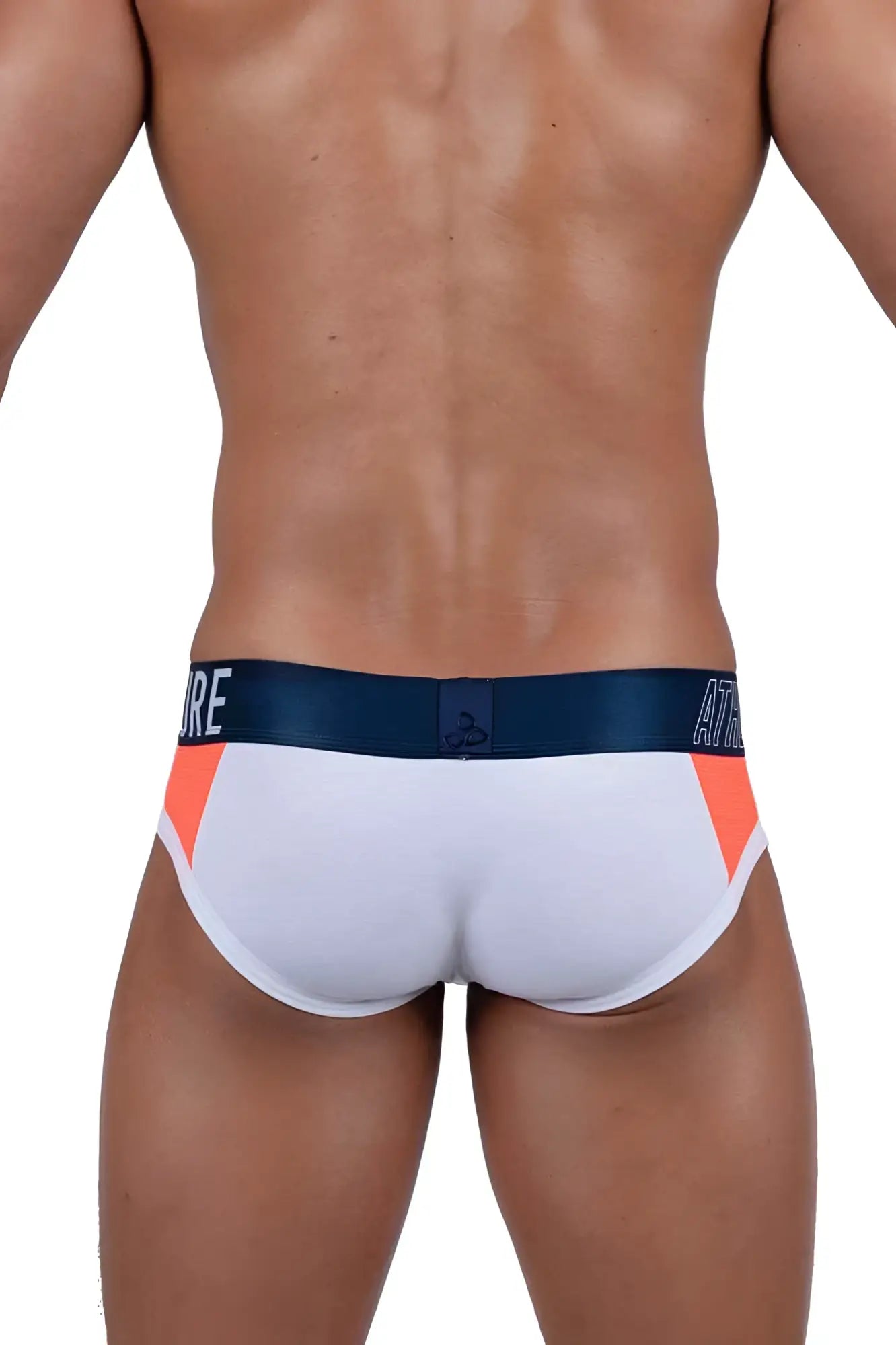 White and orange private structure baut4388 athlete mini briefs with navy waistband and atr branding for activewear use