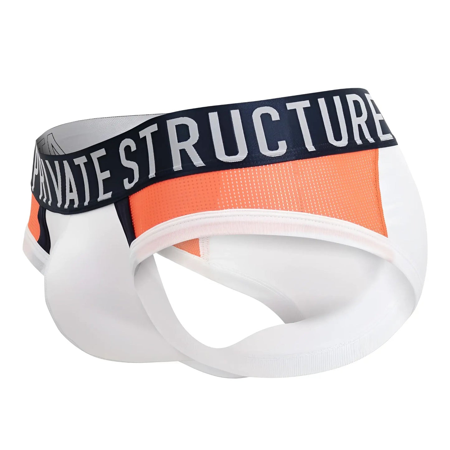 White and orange private structure baut4388 athlete mini briefs with black waistband and logo for athletic use