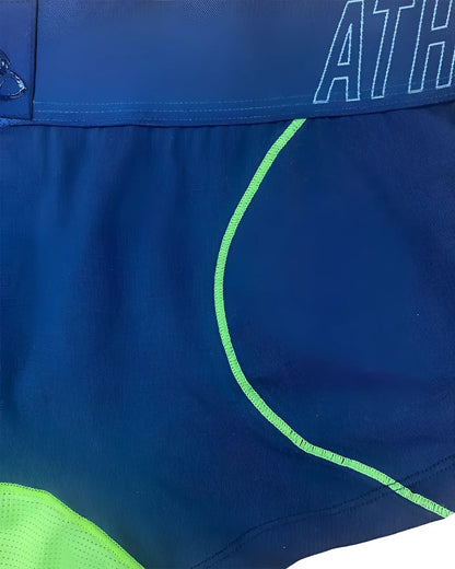 Private structure baut4389 athlete trunks in navy ranger with neon green stitching and mesh paneling for athletic use