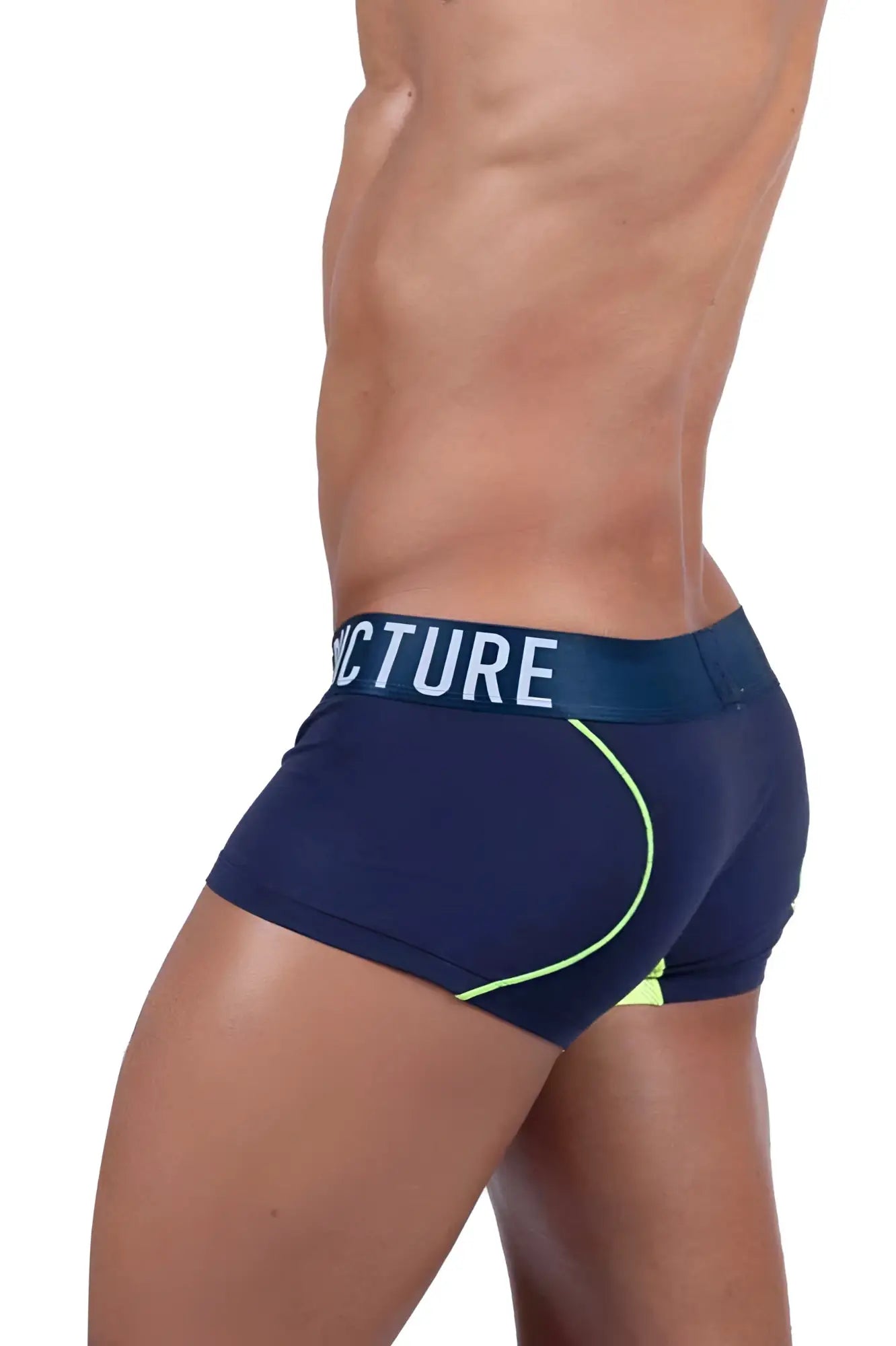 Navy blue Private Structure BAUT4389 athlete trunks with neon yellow trim and white Structure logo waistband