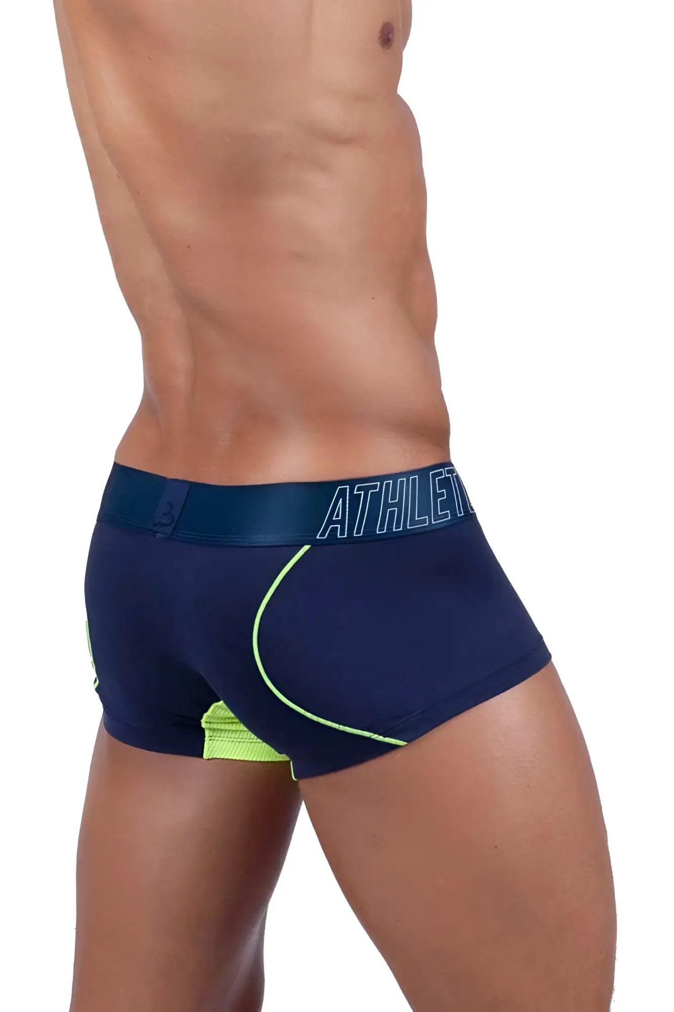 Private structure baut4389 athlete trunks navy ranger navy blue athletic briefs with neon green trim and athletic waistband