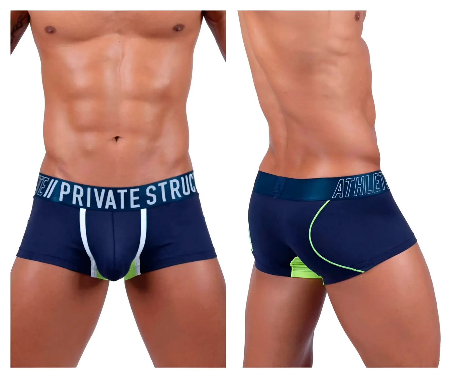 Navy blue private structure baut4389 athlete trunks with white and neon green accents and branded waistband
