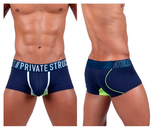 Navy blue private structure baut4389 athlete trunks with white and neon green accents and branded waistband
