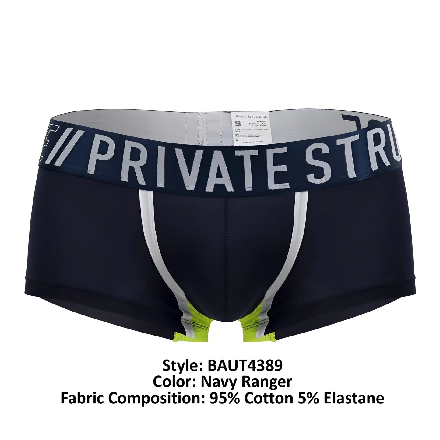 Navy ranger private structure baut4389 athlete trunks with white waistband silver trim and lime green crotch accents