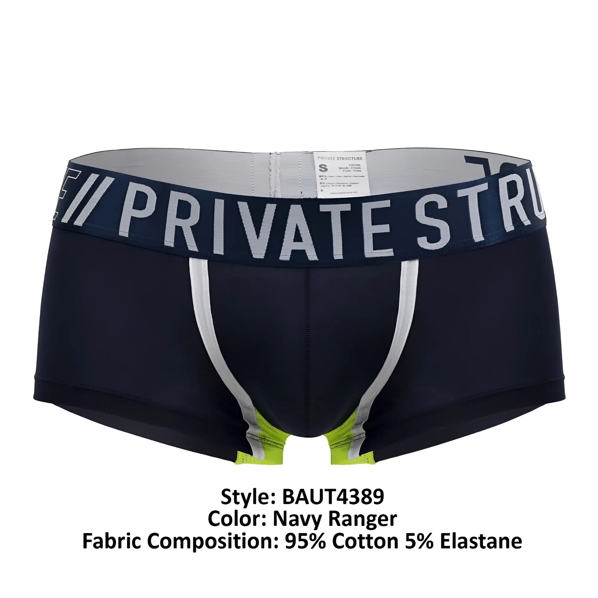 Navy ranger private structure baut4389 athlete trunks with white waistband silver trim and lime green crotch accents