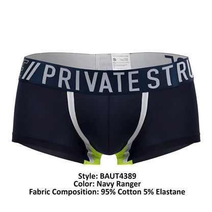 Navy ranger private structure baut4389 athlete trunks with white waistband silver trim and lime green crotch accents