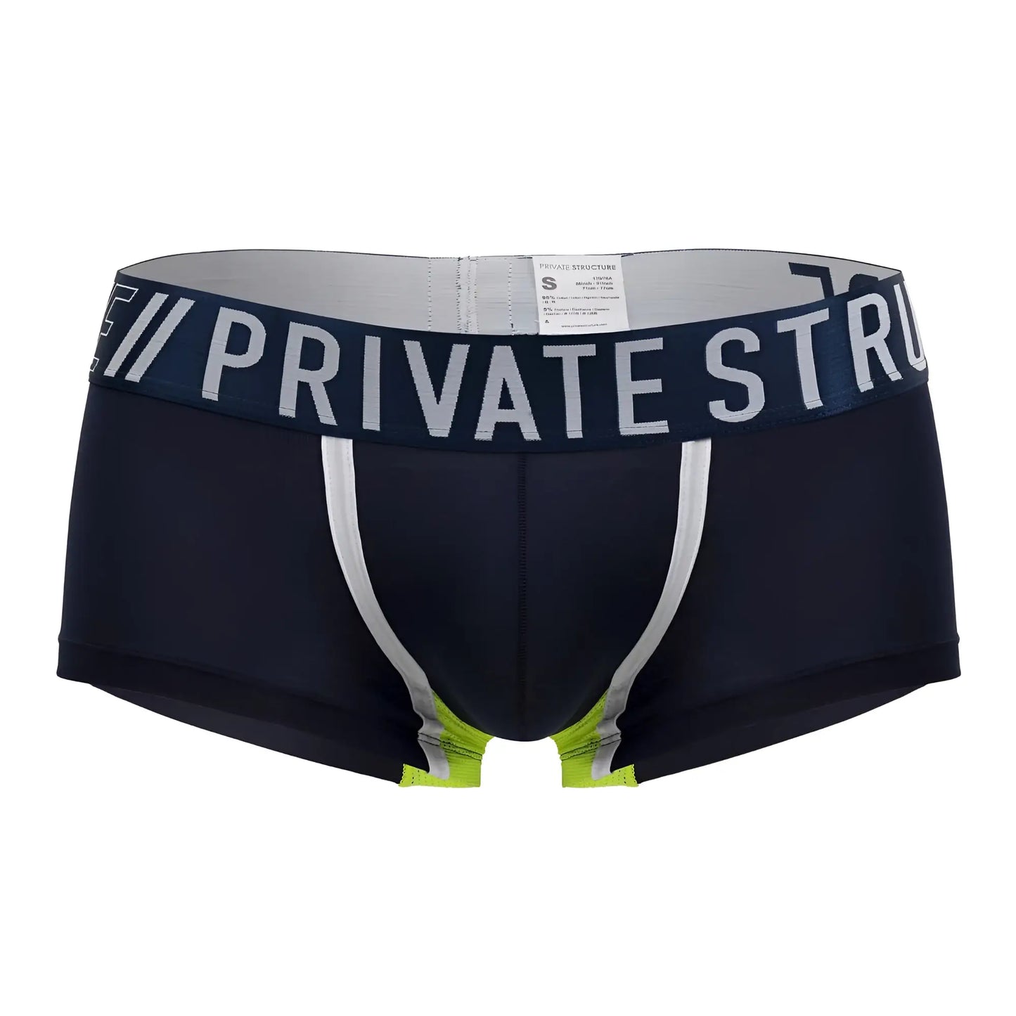 Navy blue private structure baut4389 athlete trunks boxer briefs with white and neon green accents and branded waistband