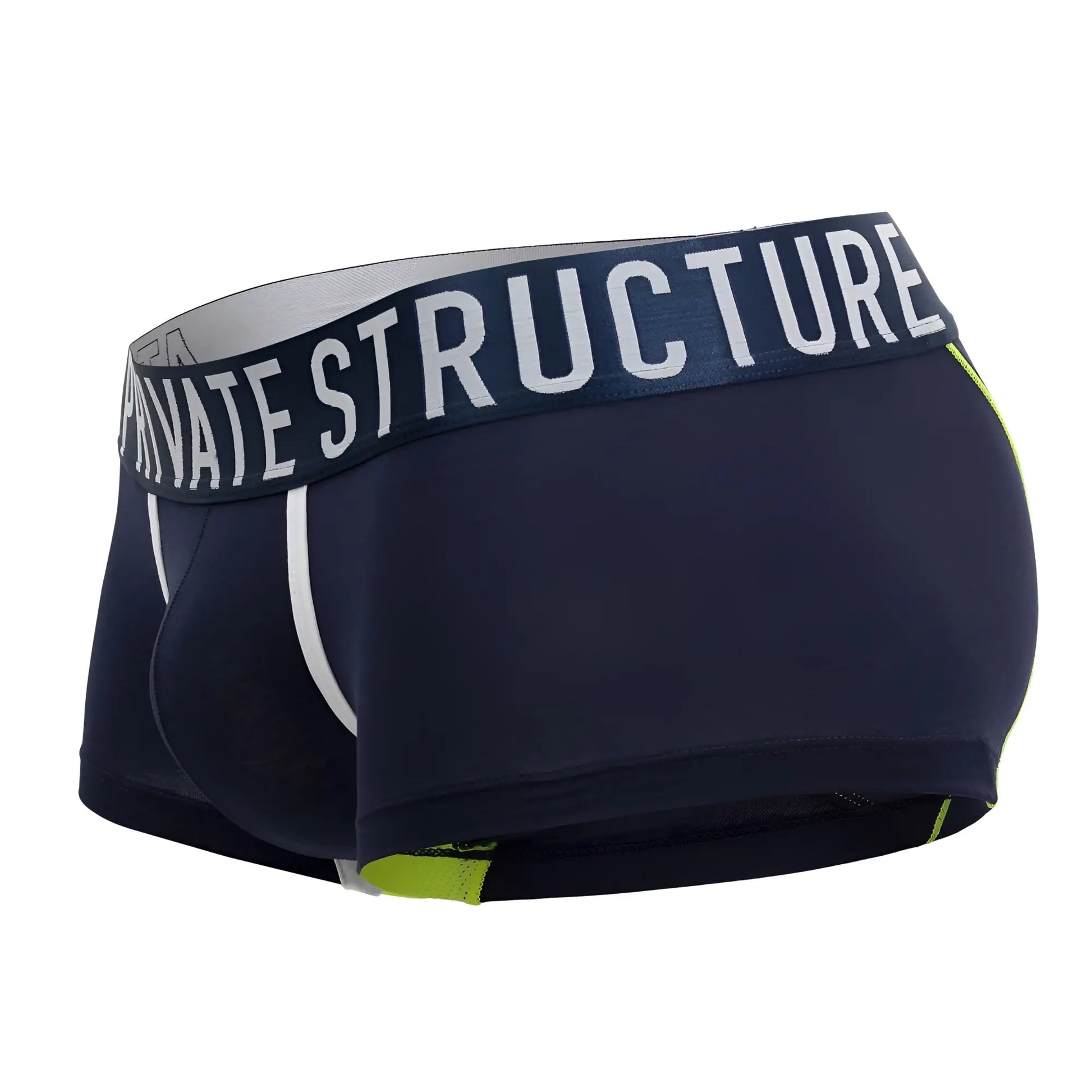 Navy blue men’s boxer briefs with white and neon green accents and private structure branded waistband