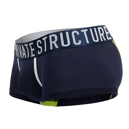 Navy blue men’s boxer briefs with white and neon green accents and private structure branded waistband